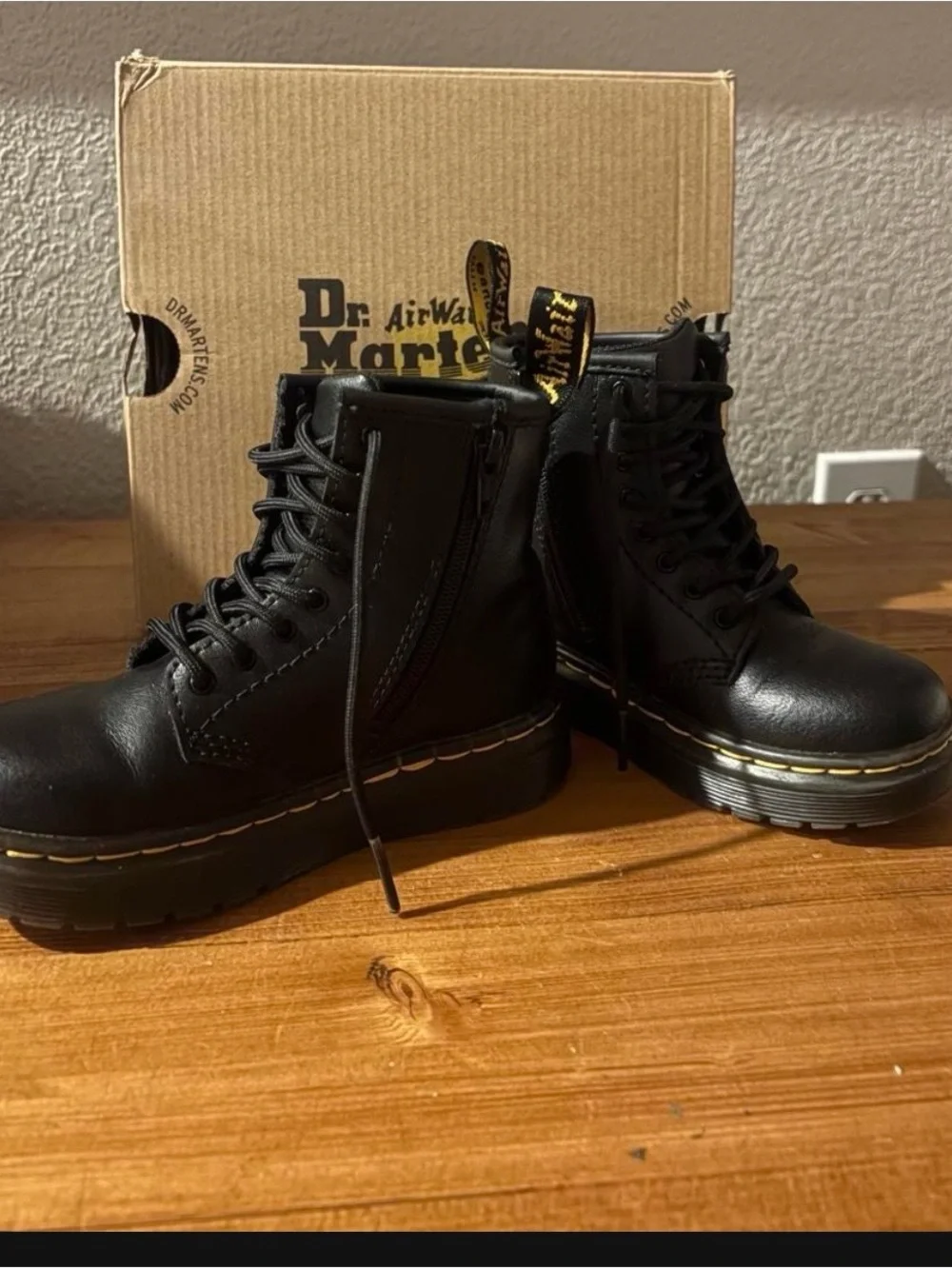 Dr. Martens Black Leather Lace-Up Ankle Boots with Yellow Stitching